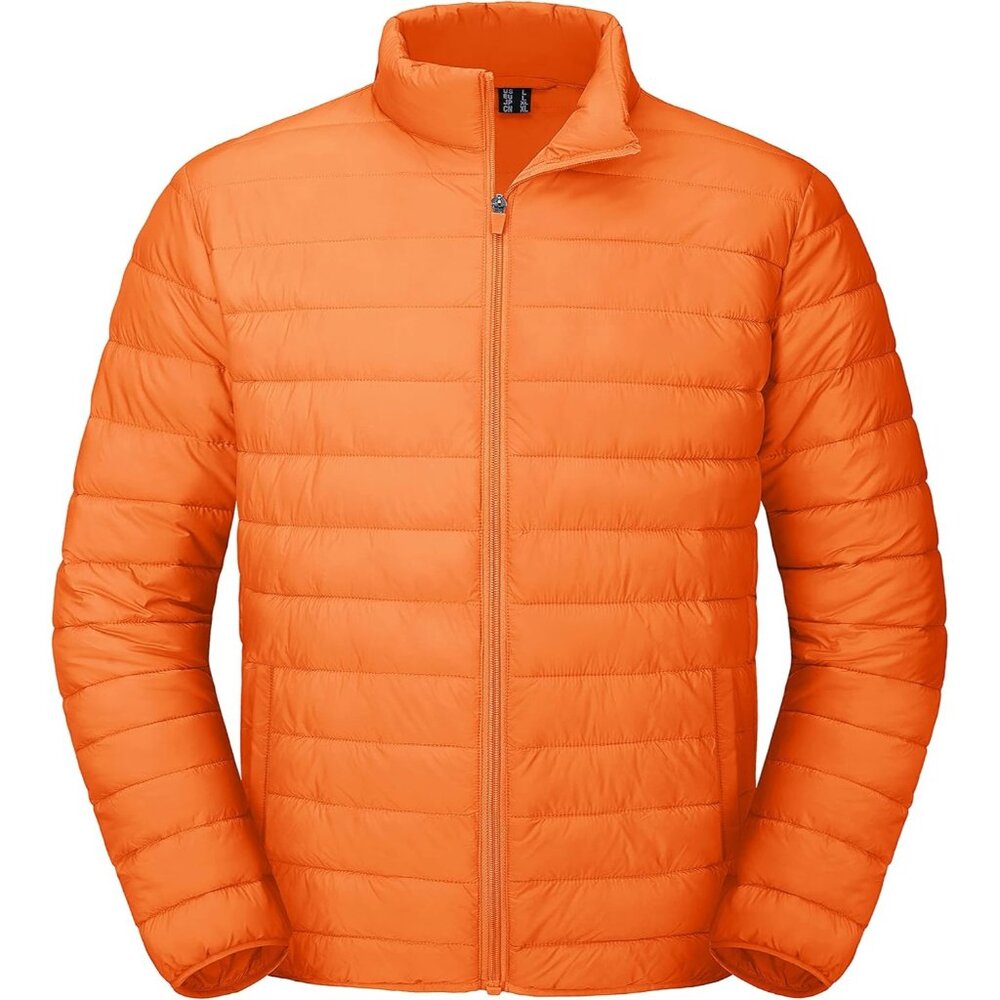 Mens Orange Stand-Up Collar Water Resistant Outerwear Quilted Puffer Jacket